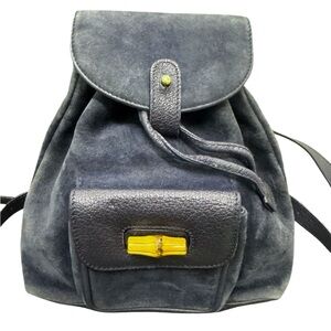 Gucci Vintage Navy Blue Suede & Leather Bamboo Handle Mini Backpack Auth